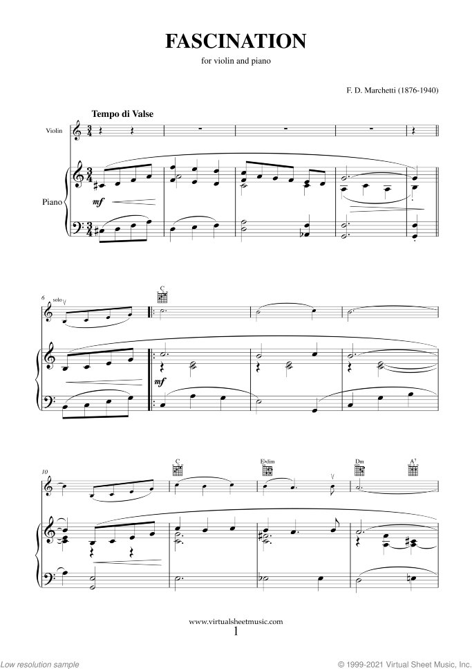 Fascination sheet music for violin and piano by Fermo Dante Marchetti, wedding score, intermediate skill level