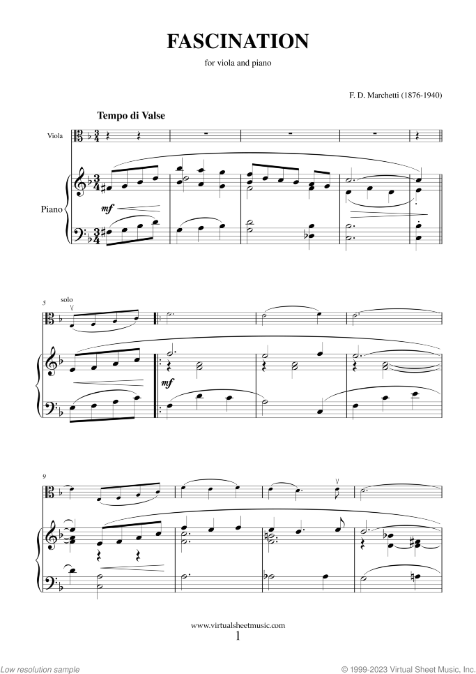 Fascination sheet music for viola and piano by Fermo Dante Marchetti, wedding score, intermediate skill level