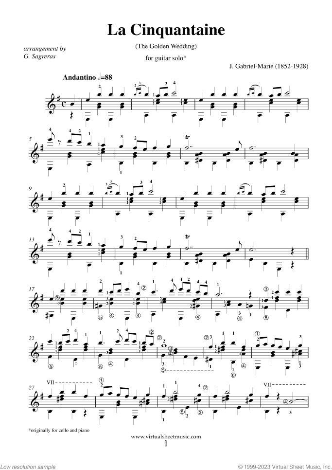 La Cinquantaine sheet music for guitar solo by Jean Gabriel Marie, classical wedding score, easy/intermediate skill level