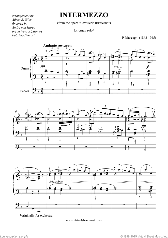 Intermezzo from Cavalleria Rusticana sheet music for organ solo by Pietro Mascagni, classical wedding score, intermediate skill level