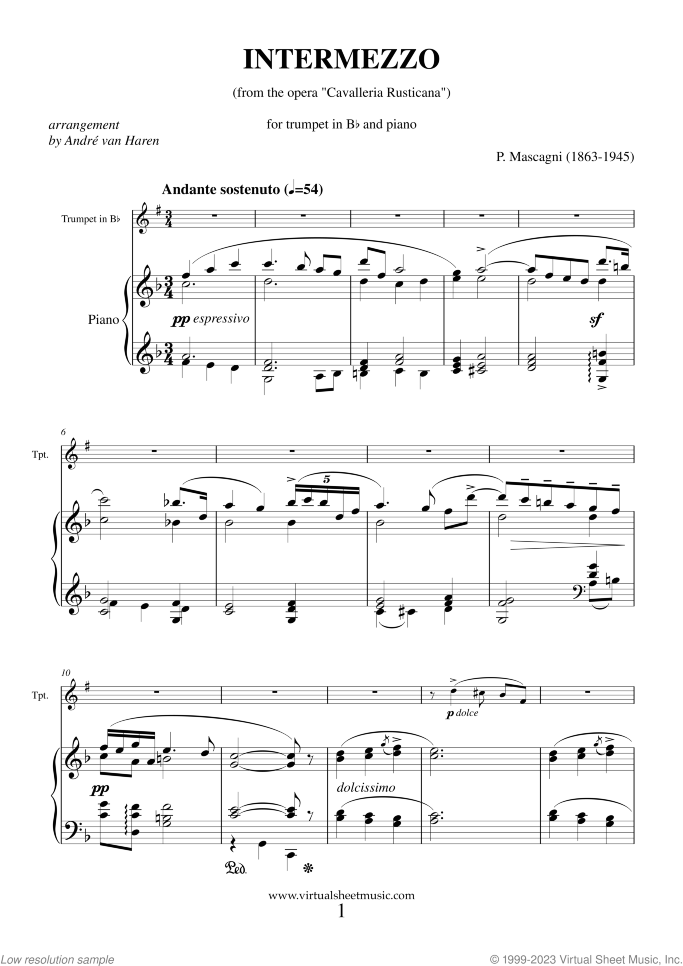 Intermezzo Sinfonico from Cavalleria Rusticana sheet music for trumpet and piano by Pietro Mascagni, classical wedding score, advanced skill level