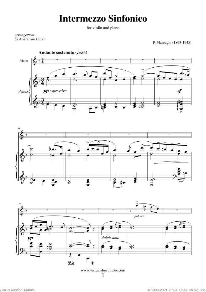 Intermezzo Sinfonico from Cavalleria Rusticana sheet music for violin and piano by Pietro Mascagni, classical wedding score, advanced skill level