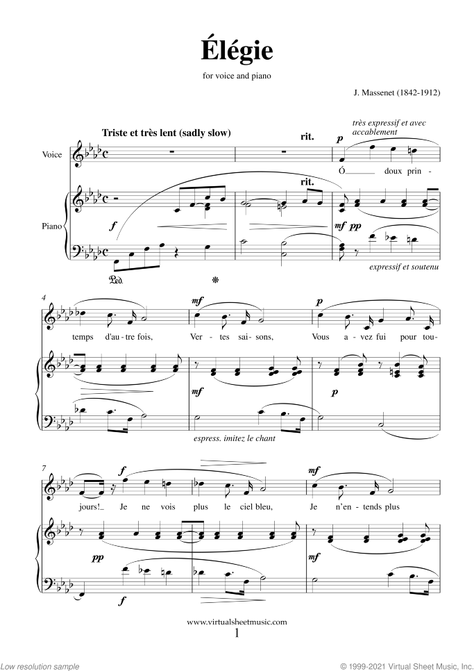 Elegie sheet music for voice and piano by Jules Massenet, classical wedding score, intermediate skill level