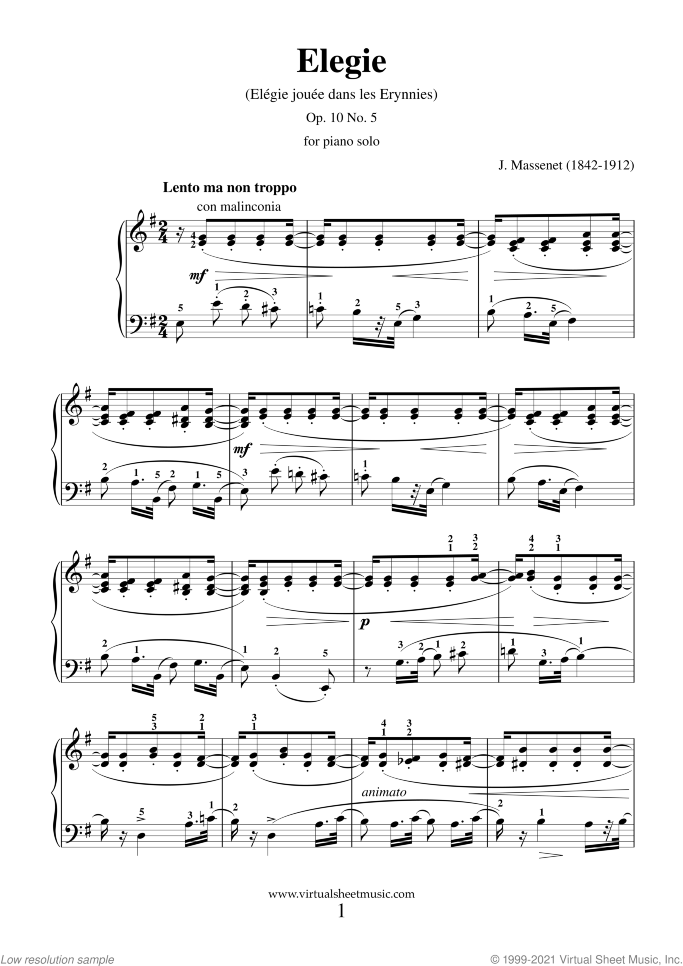 Elegie sheet music for piano solo by Jules Massenet, classical score, intermediate skill level