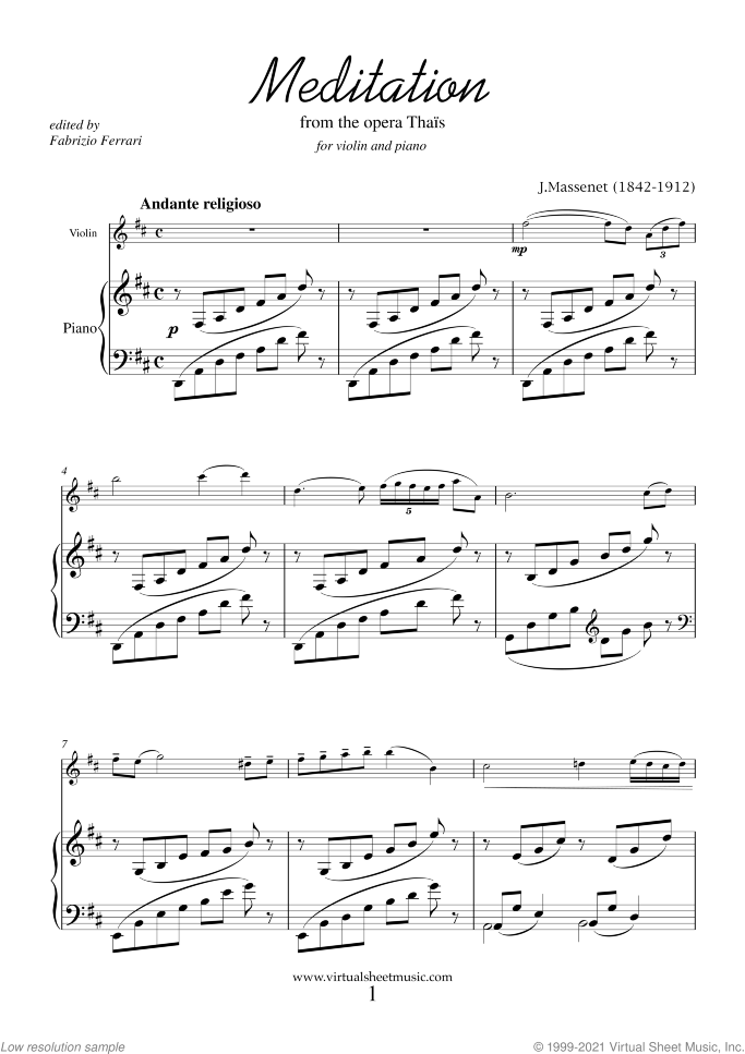 Meditation from Thais (NEW EDITION) sheet music for violin and piano by Jules Massenet, classical wedding score, intermediate skill level