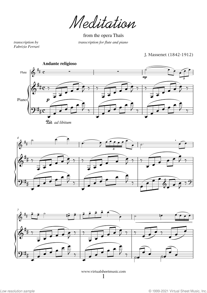 Meditation from Thais (NEW EDITION) sheet music for flute and piano by Jules Massenet, classical wedding score, intermediate skill level
