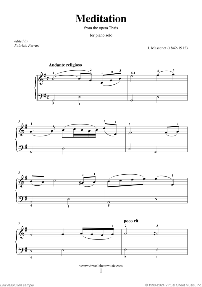 Meditation from Thais (simplified) sheet music for piano solo by Jules Massenet, classical wedding score, beginner skill level