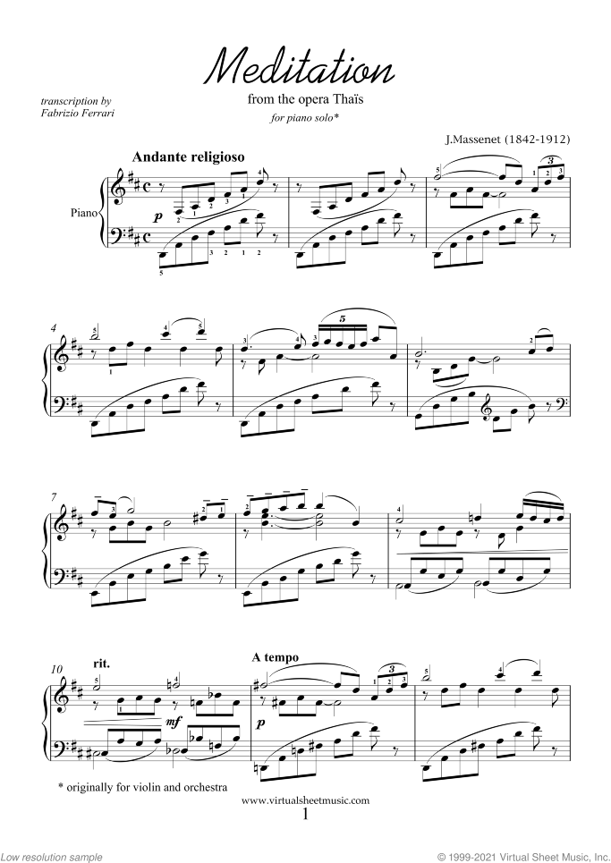 Meditation from Thais sheet music for piano solo by Jules Massenet, classical wedding score, intermediate skill level