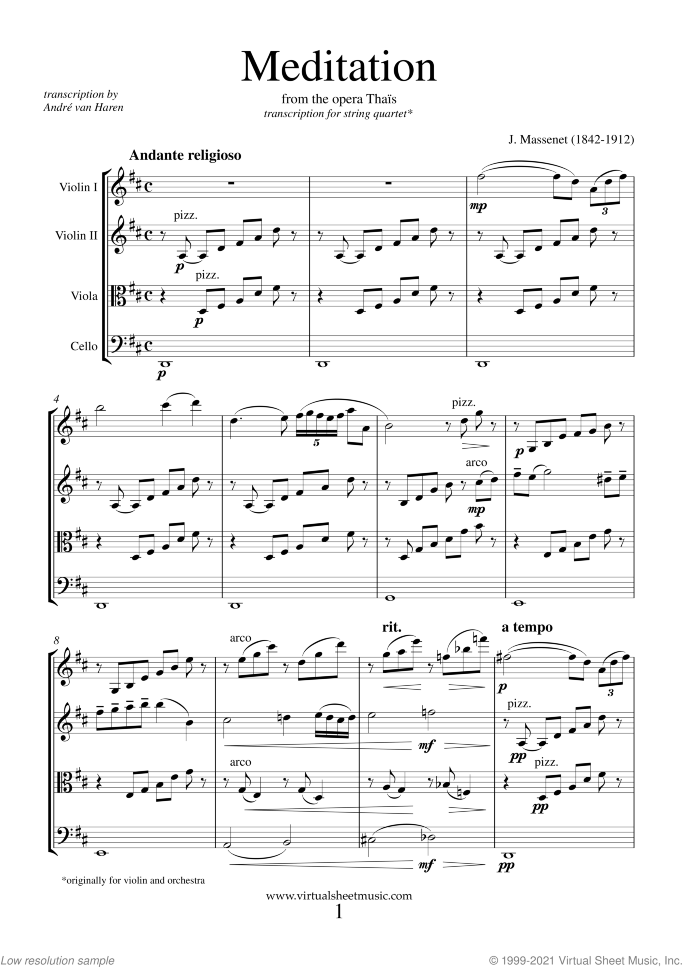 Meditation from Thais (COMPLETE) sheet music for string quartet by Jules Massenet, classical wedding score, intermediate/advanced skill level