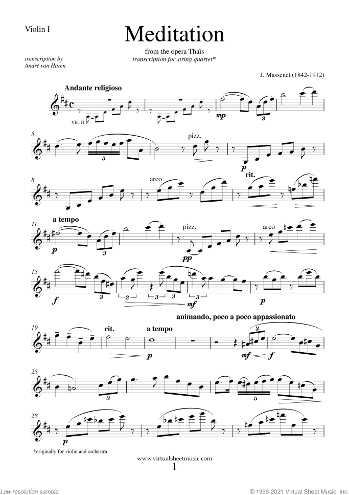 Meditation from Thais (parts) sheet music for string quartet by Jules Massenet, classical wedding score, intermediate/advanced skill level