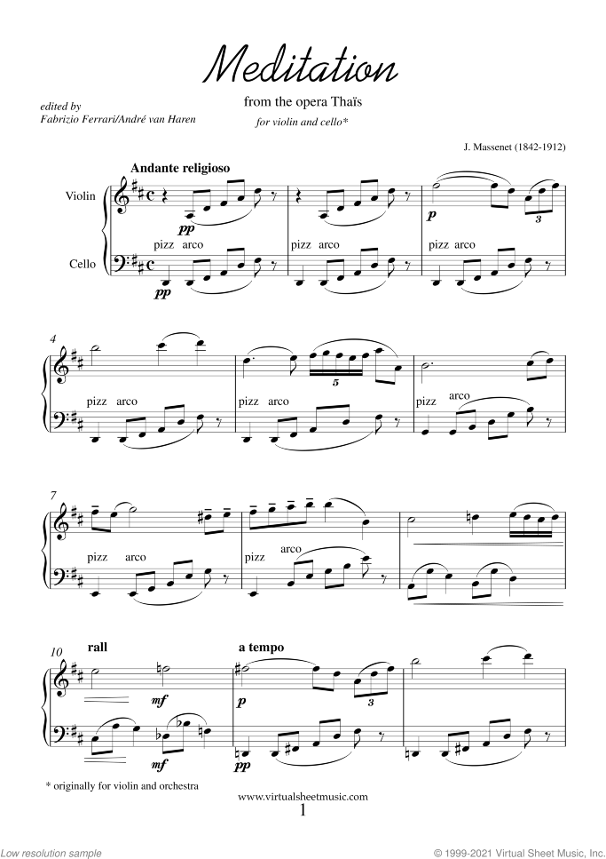 Meditation from Thais sheet music for violin and cello by Jules Massenet, classical wedding score, intermediate/advanced duet