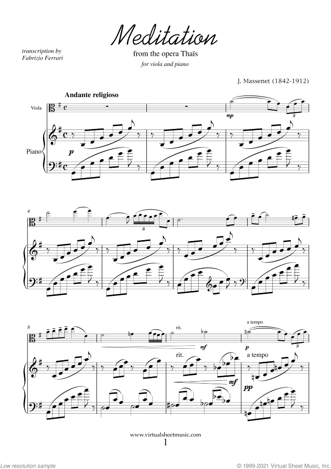 Meditation from Thais sheet music for viola and piano by Jules Massenet, classical wedding score, intermediate skill level