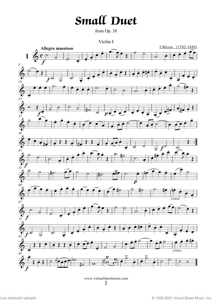 Duet Op.38 No.1 sheet music for two violins by Jaques Fereol Mazas, classical score, easy/intermediate duet