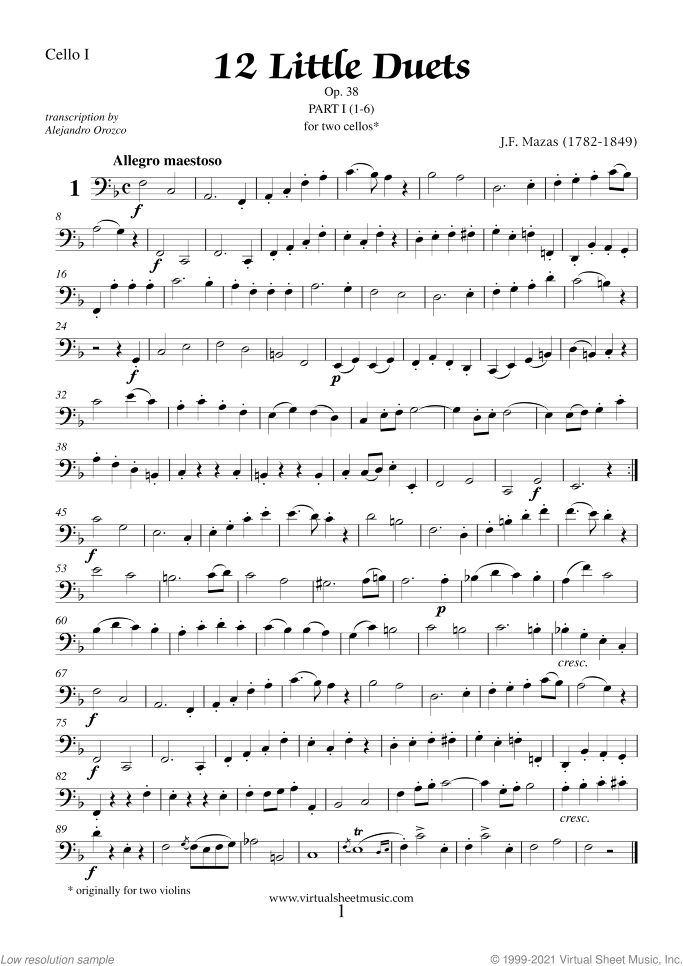 Little Duets Op.38 sheet music for two cellos by Jaques Fereol Mazas, classical score, easy/intermediate duet