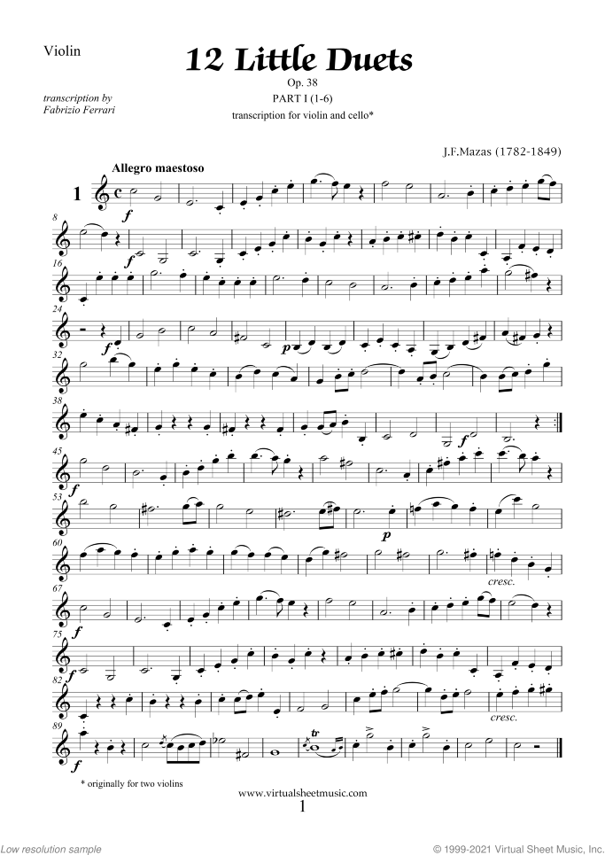 Little Duets Op.38 sheet music for violin and cello by Jaques Fereol Mazas, classical score, intermediate duet