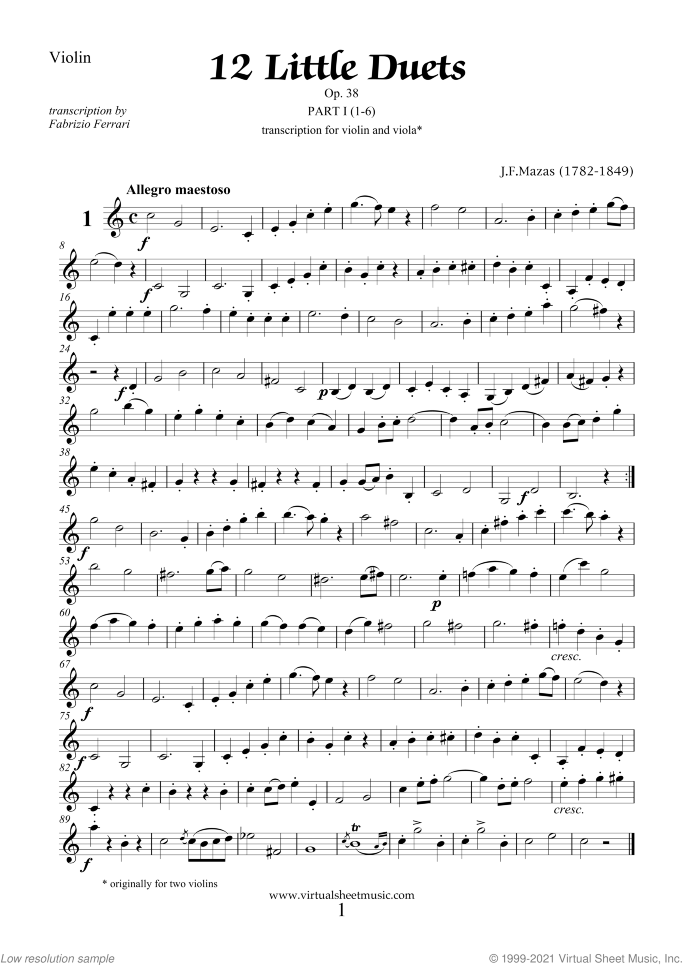 Little Duets Op.38 sheet music for violin and viola by Jaques Fereol Mazas, classical score, intermediate duet