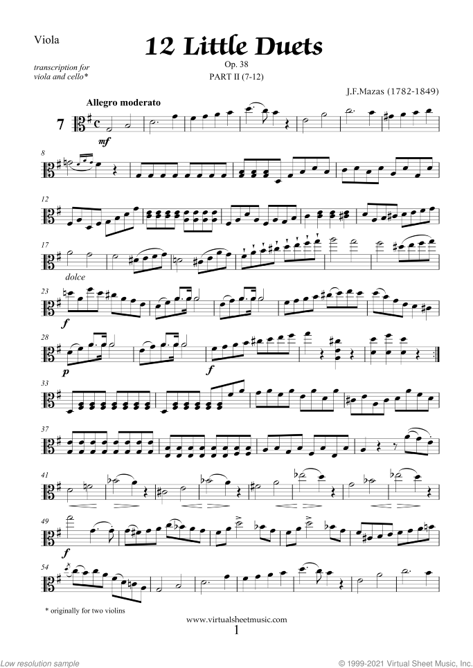 Little Duets Op.38 sheet music for viola and cello by Jaques Fereol Mazas, classical score, intermediate duet