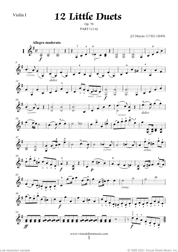 Little Duets Op.70 sheet music for two violins by Jaques Fereol Mazas, classical score, easy/intermediate duet
