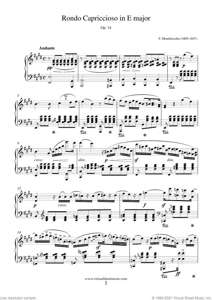 Rondo Capriccioso Op.14 sheet music for piano solo by Felix Mendelssohn-Bartholdy, classical score, intermediate/advanced skill level