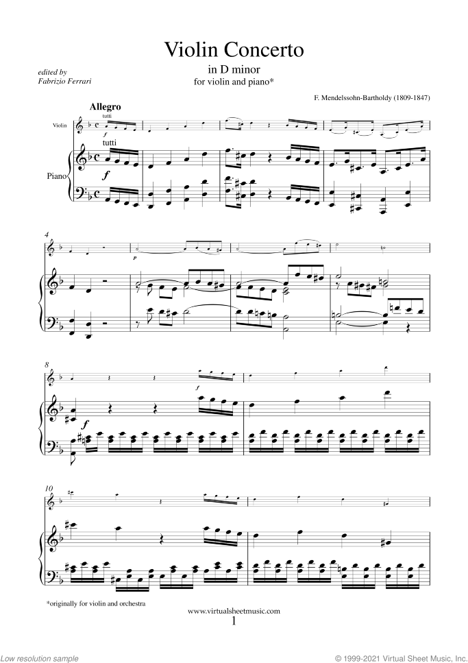 Concerto in D minor sheet music for violin and piano by Felix Mendelssohn-Bartholdy, classical score, advanced skill level
