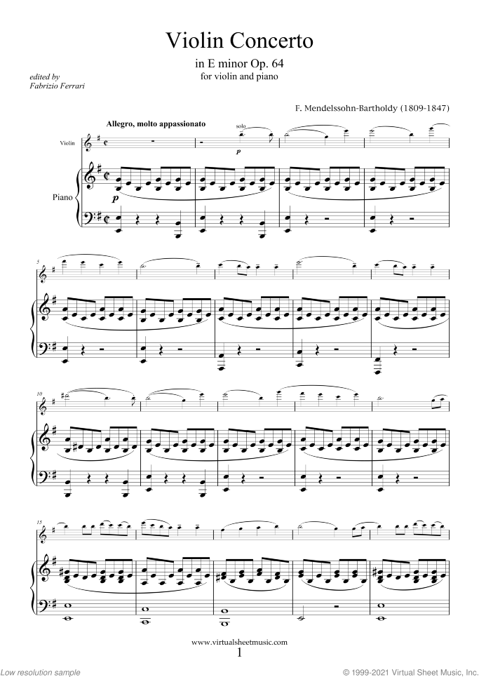 Concerto in E minor Op.64 sheet music for violin and piano by Felix Mendelssohn-Bartholdy, classical score, advanced skill level