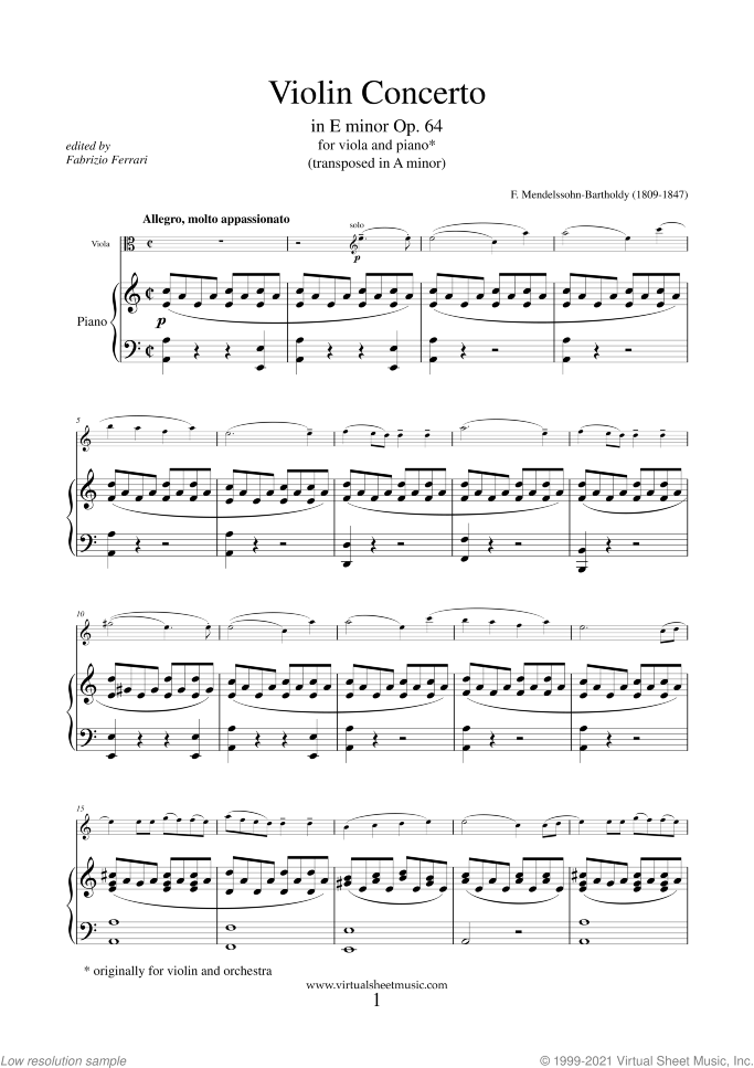 Concerto in E minor Op.64 sheet music for viola and piano by Felix Mendelssohn-Bartholdy, classical score, advanced skill level