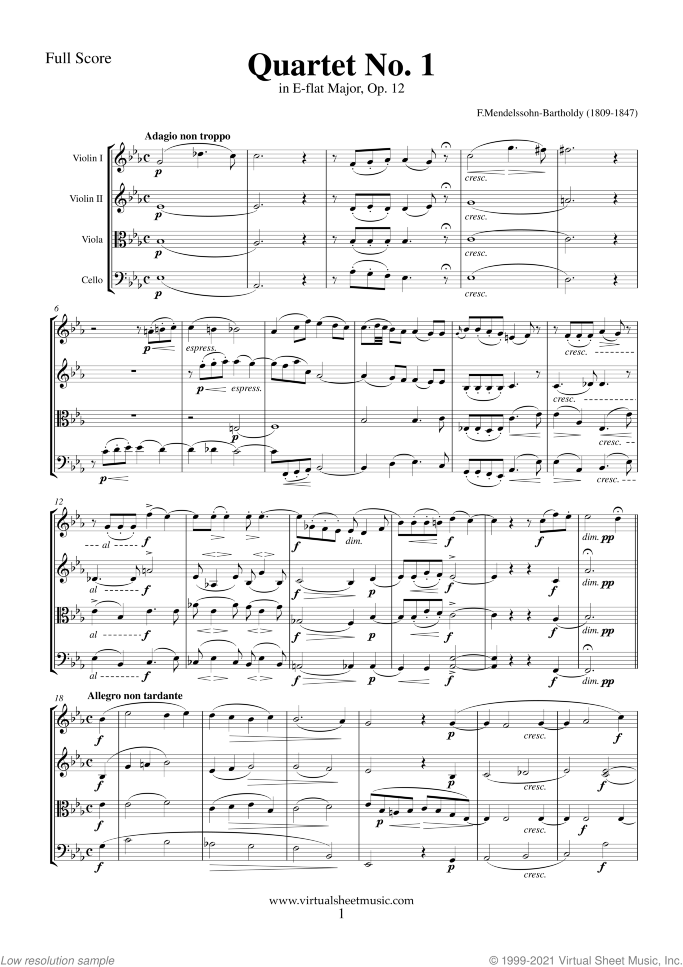 Quartet No. 1 Op. 12 (COMPLETE) sheet music for string quartet by Felix Mendelssohn-Bartholdy, classical score, advanced skill level