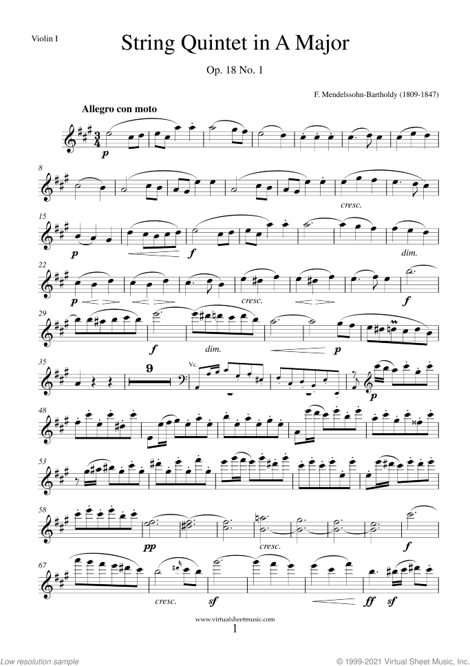 Quintet No. 1 Op. 18 in A major (parts) sheet music for string quintet by Felix Mendelssohn-Bartholdy, classical score, intermediate skill level