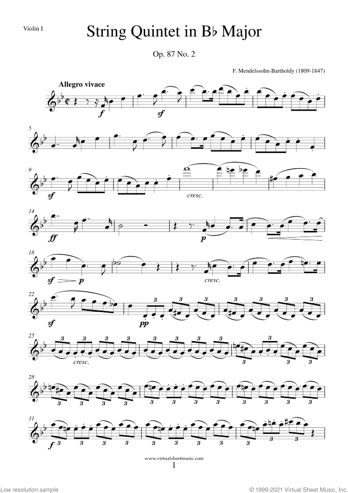 Quintet No. 2 Op. 87 in Bb major (parts) sheet music for string quintet by Felix Mendelssohn-Bartholdy, classical score, intermediate/advanced skill level