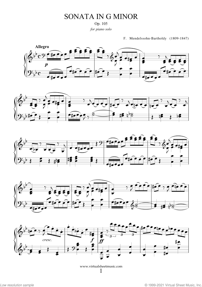 Sonata in G minor Op.105 sheet music for piano solo by Felix Mendelssohn-Bartholdy, classical score, intermediate skill level