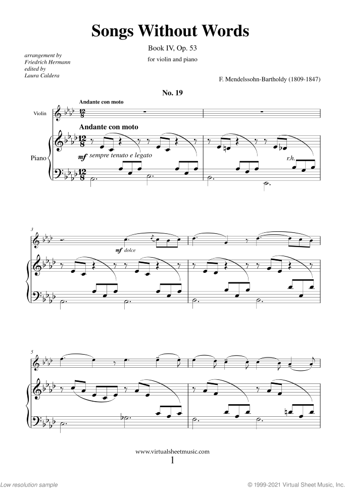 Songs Without Words Op. 53 sheet music for violin and piano by Felix Mendelssohn-Bartholdy, classical score, intermediate skill level