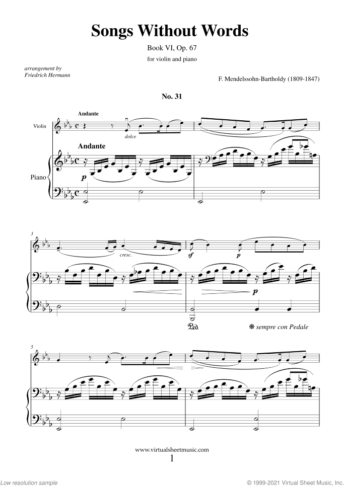 Songs Without Words Op. 26 sheet music for violin and piano by Felix Mendelssohn-Bartholdy, classical score, intermediate skill level