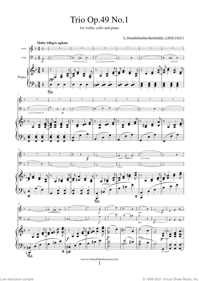 Trio Op.49 No.1 sheet music for violin, cello and piano by Felix Mendelssohn-Bartholdy, classical score, advanced skill level