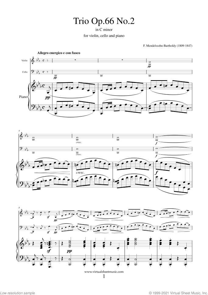 Trio Op.66 No.2 sheet music for violin, cello and piano by Felix Mendelssohn-Bartholdy, classical score, advanced skill level