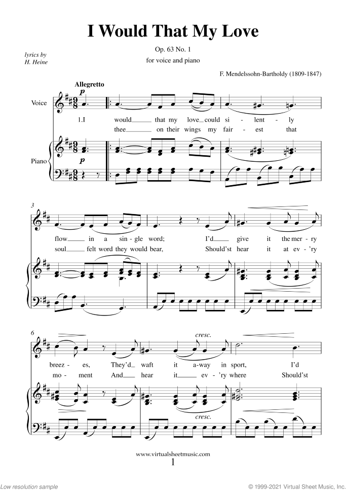 I Would That My Love sheet music for voice and piano by Felix Mendelssohn-Bartholdy, classical score, advanced skill level