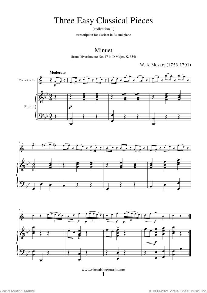 Three Easy Pieces (coll.1) sheet music for clarinet and piano, classical score, easy/intermediate skill level