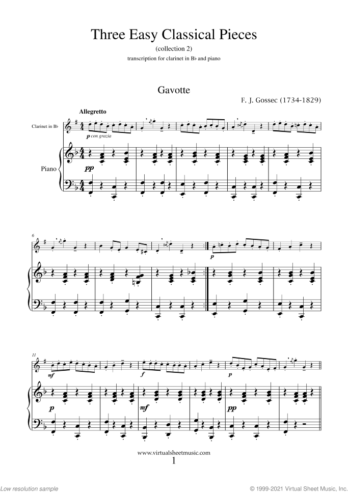 Three Easy Pieces (coll.2) sheet music for clarinet and piano, classical score, easy/intermediate skill level