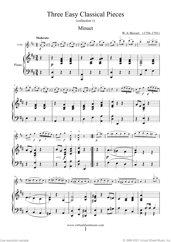 Three Easy Pieces (coll.1) sheet music for violin and piano, classical score, easy/intermediate skill level