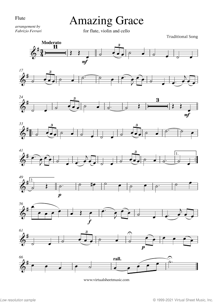 Amazing Grace sheet music for flute, violin and cello, easy/intermediate skill level