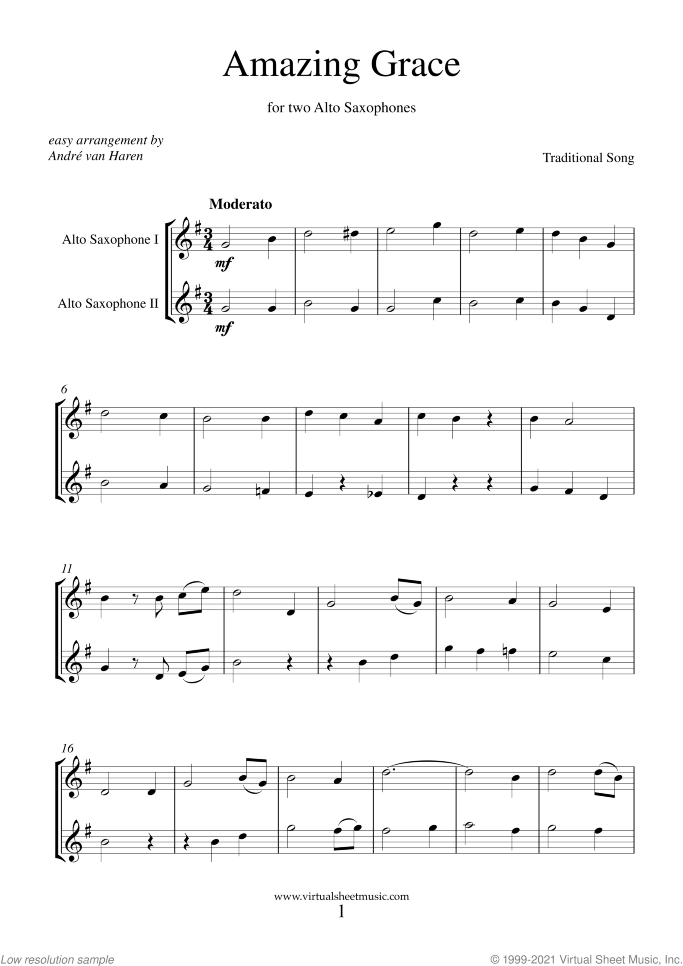 Amazing Grace (easy) sheet music for two alto saxophones, easy duet