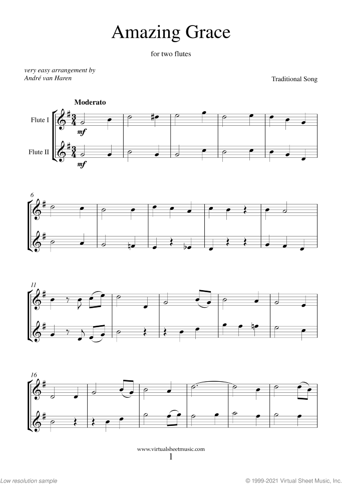 Amazing Grace (for beginners) sheet music for two flutes, beginner duet