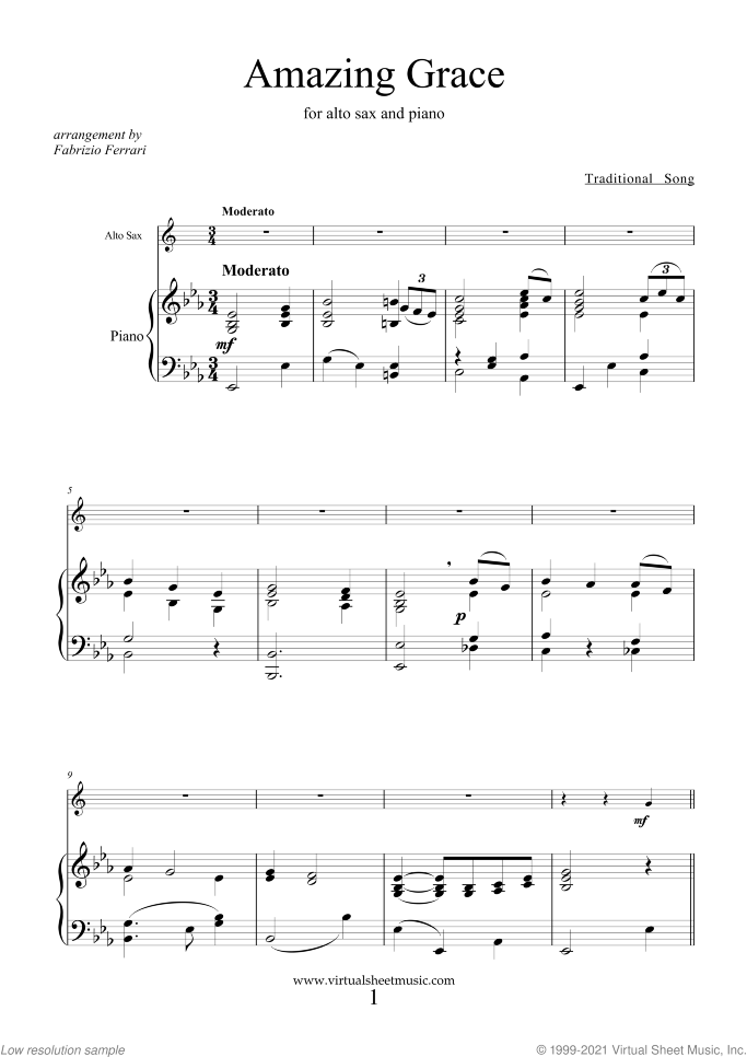 Amazing Grace sheet music for alto saxophone and piano, easy skill level