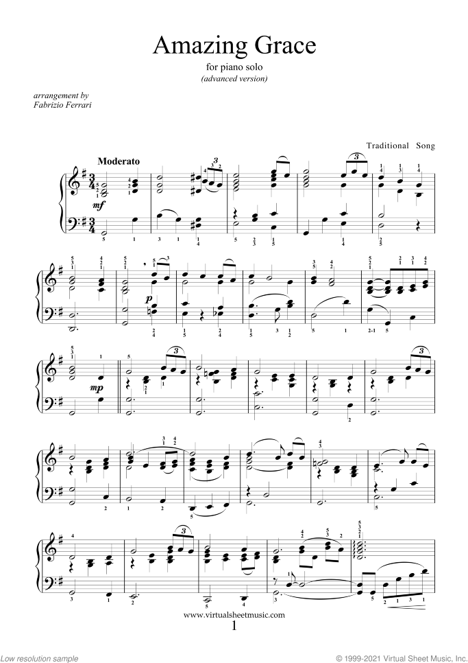Amazing Grace (advanced version) sheet music for piano solo, intermediate/advanced skill level