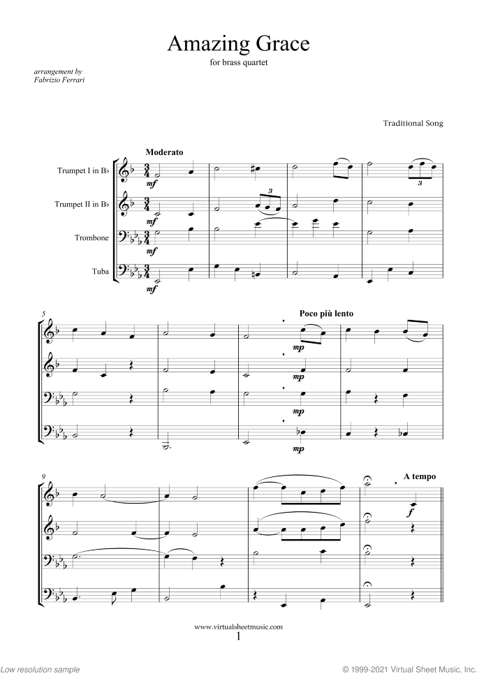Amazing Grace (COMPLETE) sheet music for brass quartet, intermediate skill level