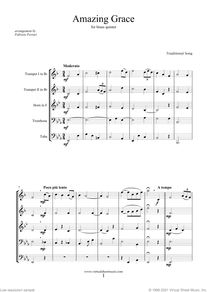 Amazing Grace (COMPLETE) sheet music for brass quintet, intermediate skill level