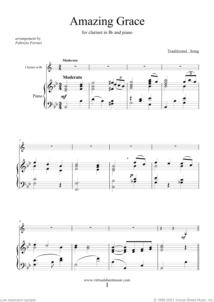 Amazing Grace sheet music for clarinet and piano, easy skill level