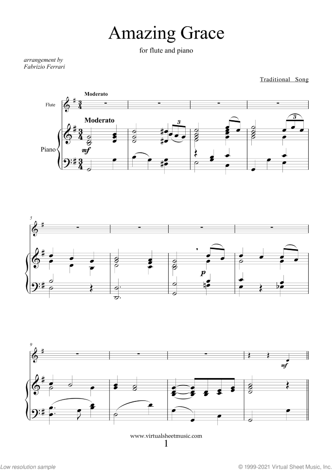 Amazing Grace sheet music for flute and piano, easy skill level