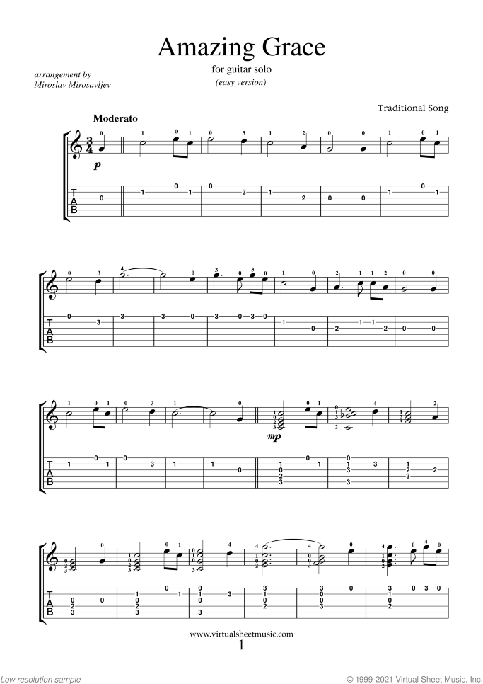 Amazing Grace sheet music for guitar solo, easy skill level
