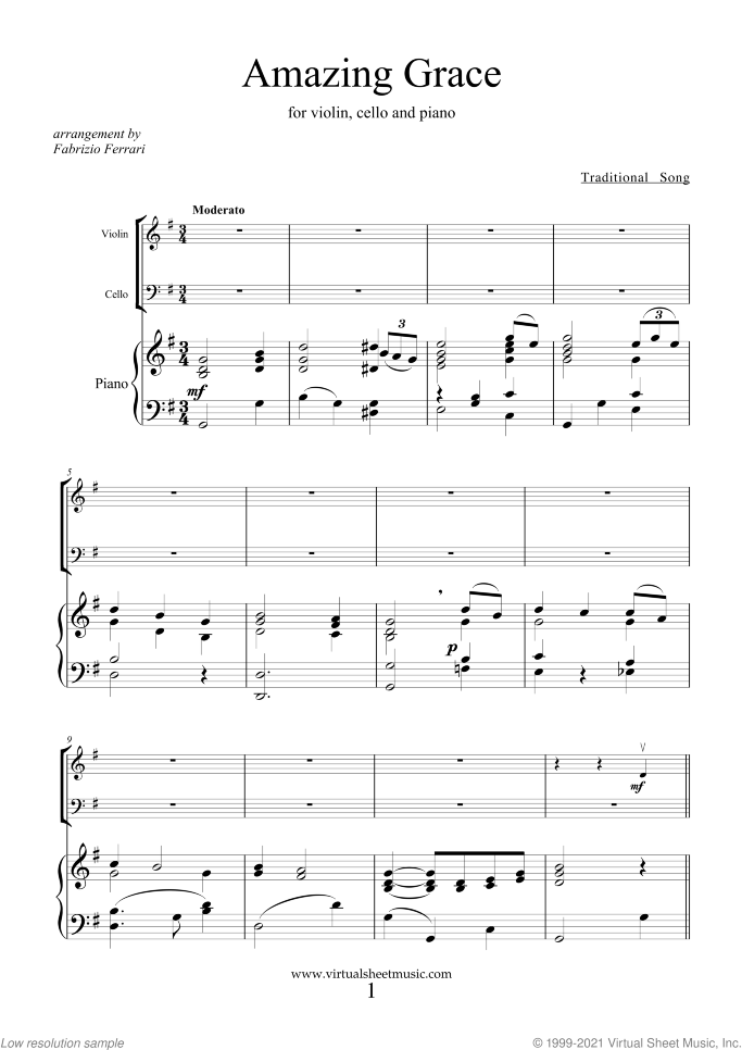 Amazing Grace sheet music for violin, cello and piano, easy/intermediate skill level