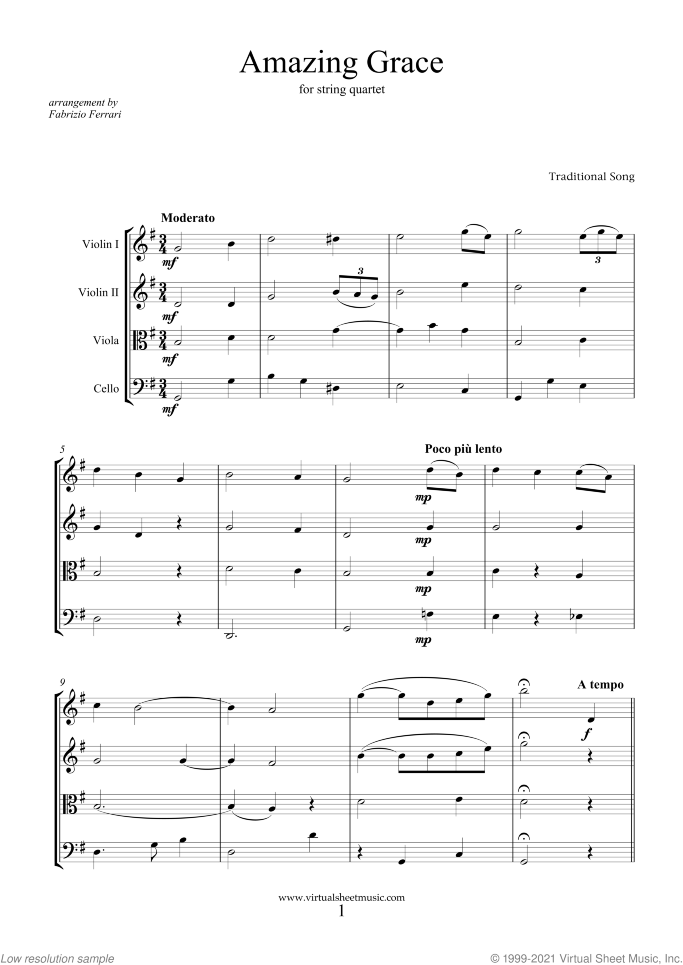 Amazing Grace (COMPLETE) sheet music for string quartet or string orchestra, easy/intermediate skill level